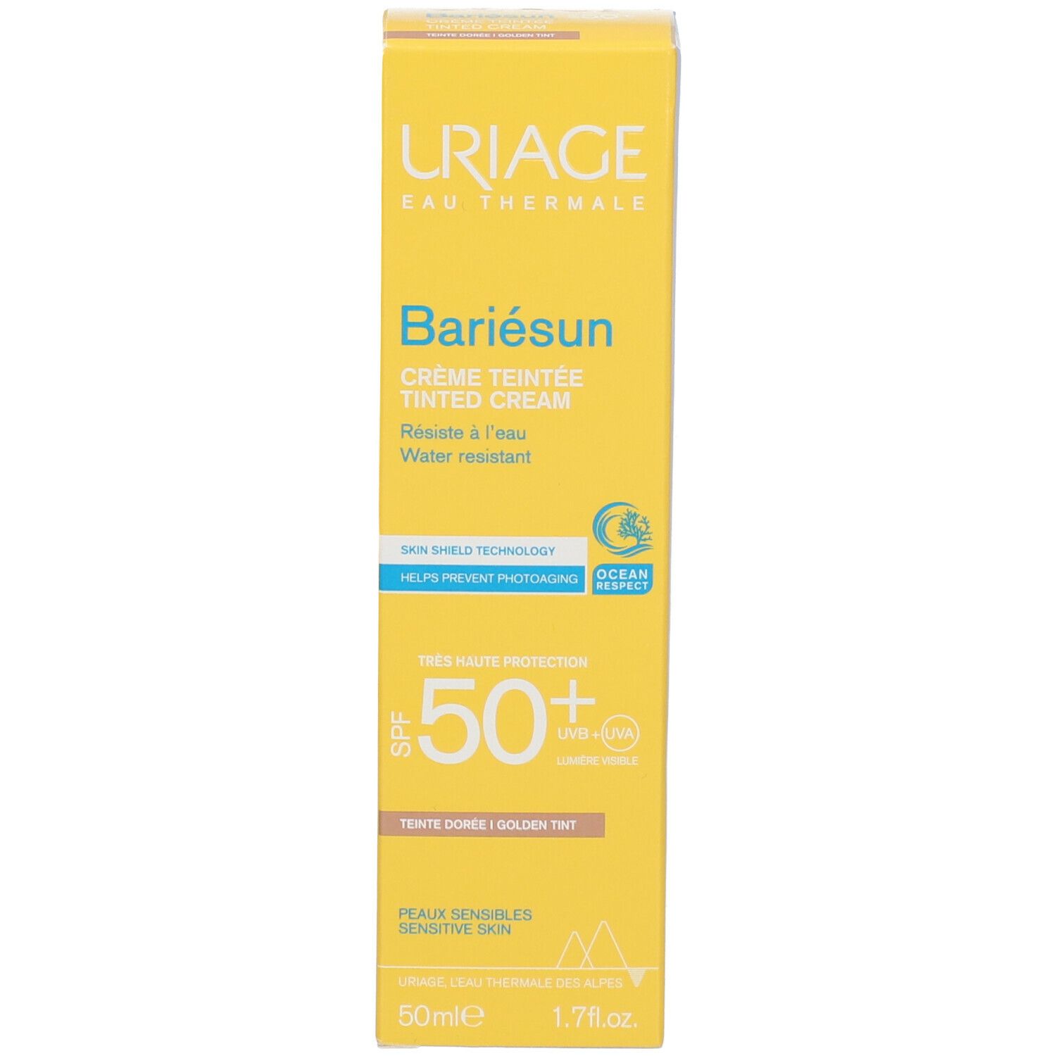 Confezione Uriage Bariésun Crema Tinted Golden SPF50+. Vista frontale.