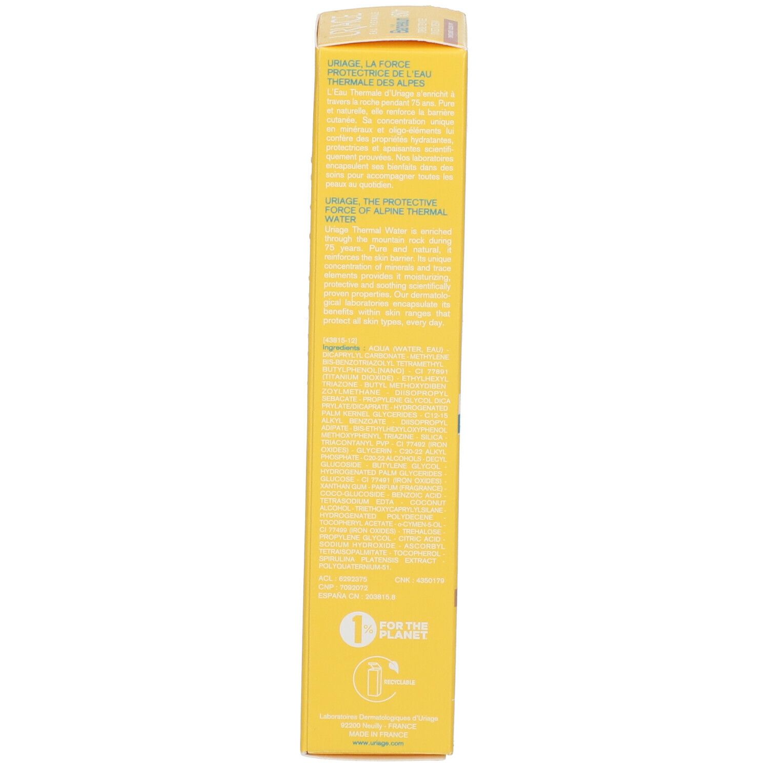 Confezione Uriage Bariésun Crema Tinted Golden SPF50+. Vista laterale con testo.