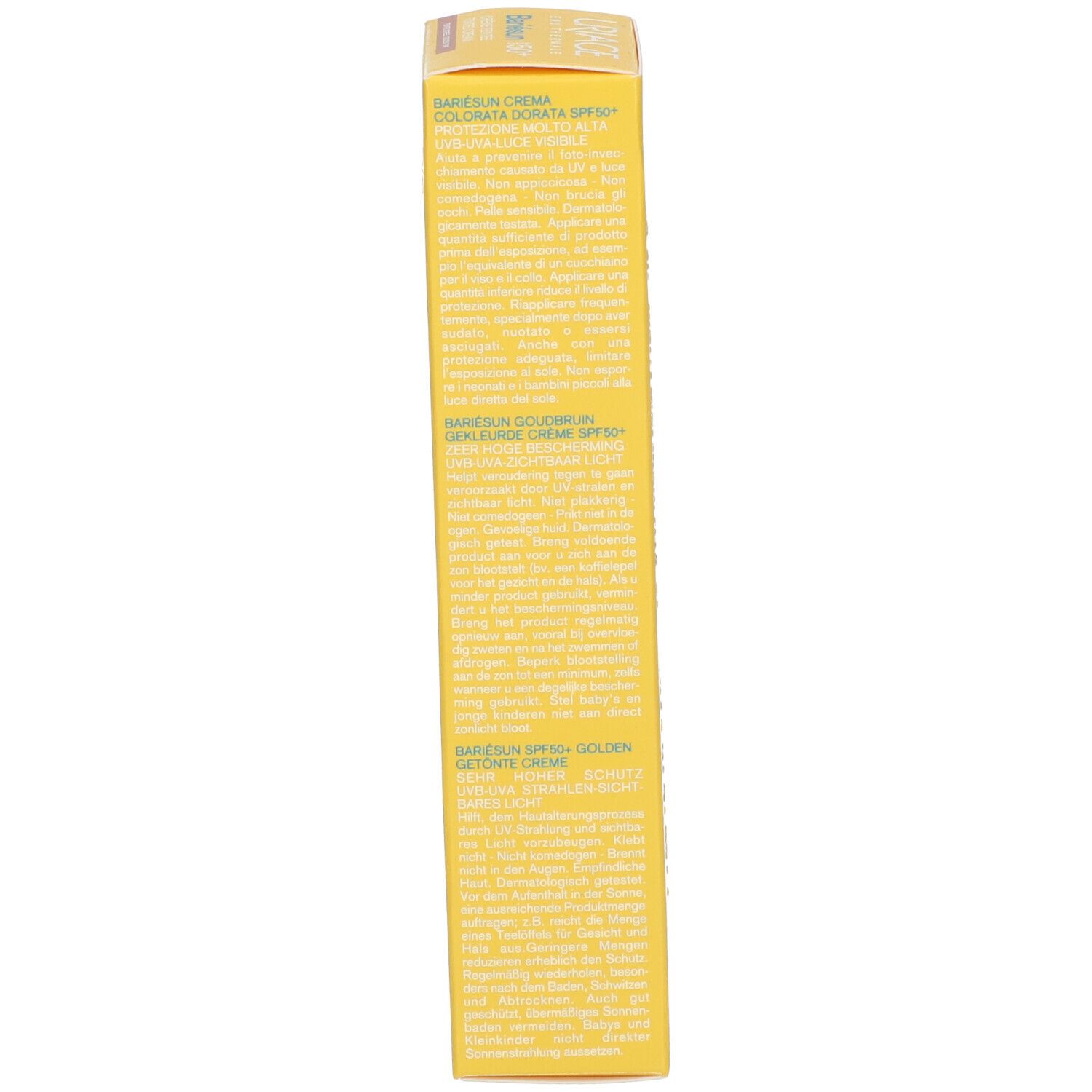 Confezione Uriage Bariésun Crema Tinted Golden SPF50+. Vista laterale con testo.