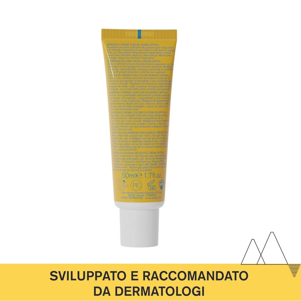 Retro del tubo giallo Uriage Bariésun Crema Tinted Golden SPF50+. Testo e informazioni.