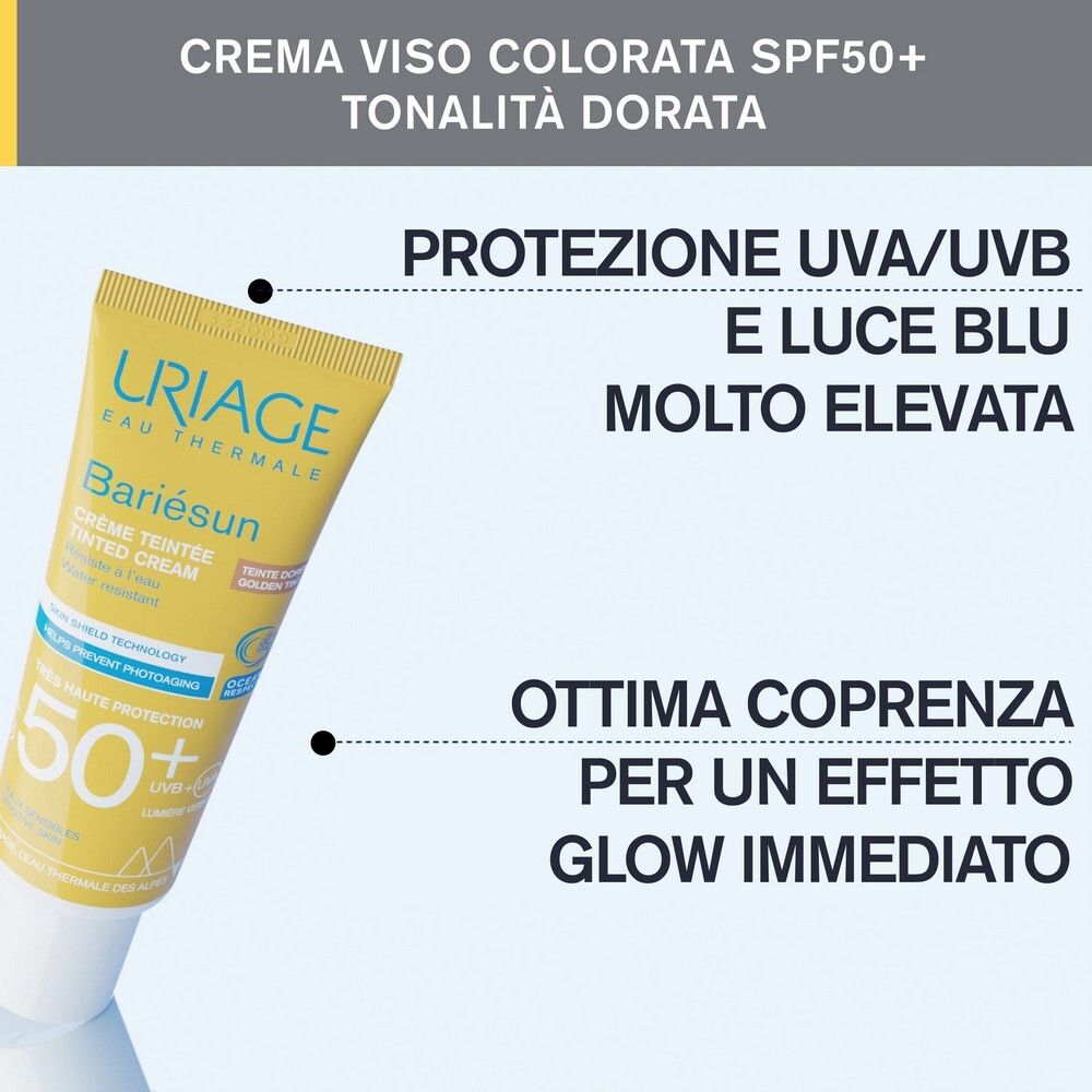 Uriage Bariésun Crema Tinted Golden SPF50+ su sfondo blu. Protezione UVA/UVB, effetto glow immediato.