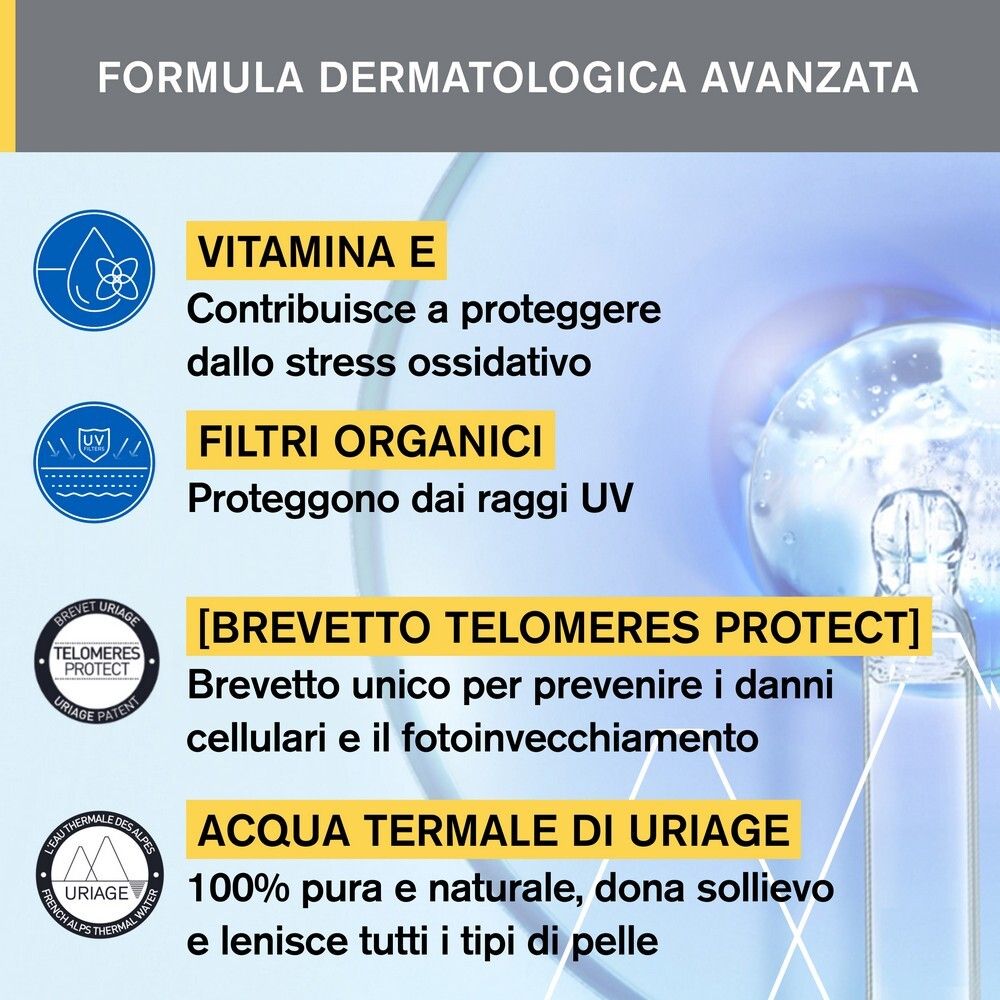 Grafico con ingredienti: Vitamina E, filtri organici, Telomeres Protect, Acqua Termale Uriage.