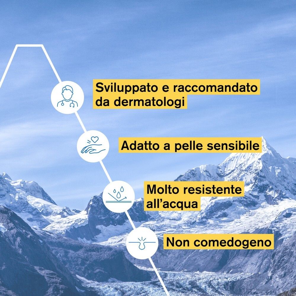 Grafico: Dermatologicamente testato, per pelli sensibili, resistente all'acqua, non comedogeno.