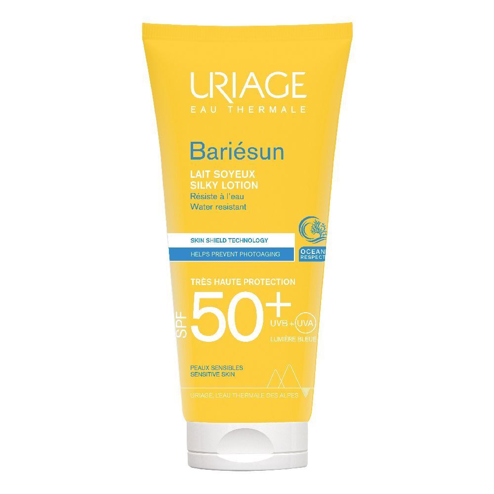 Tubo giallo "URIAGE Bariésun Lait Soyeux Silky Lotion". Protezione solare SPF 50+ per pelli sensibili.