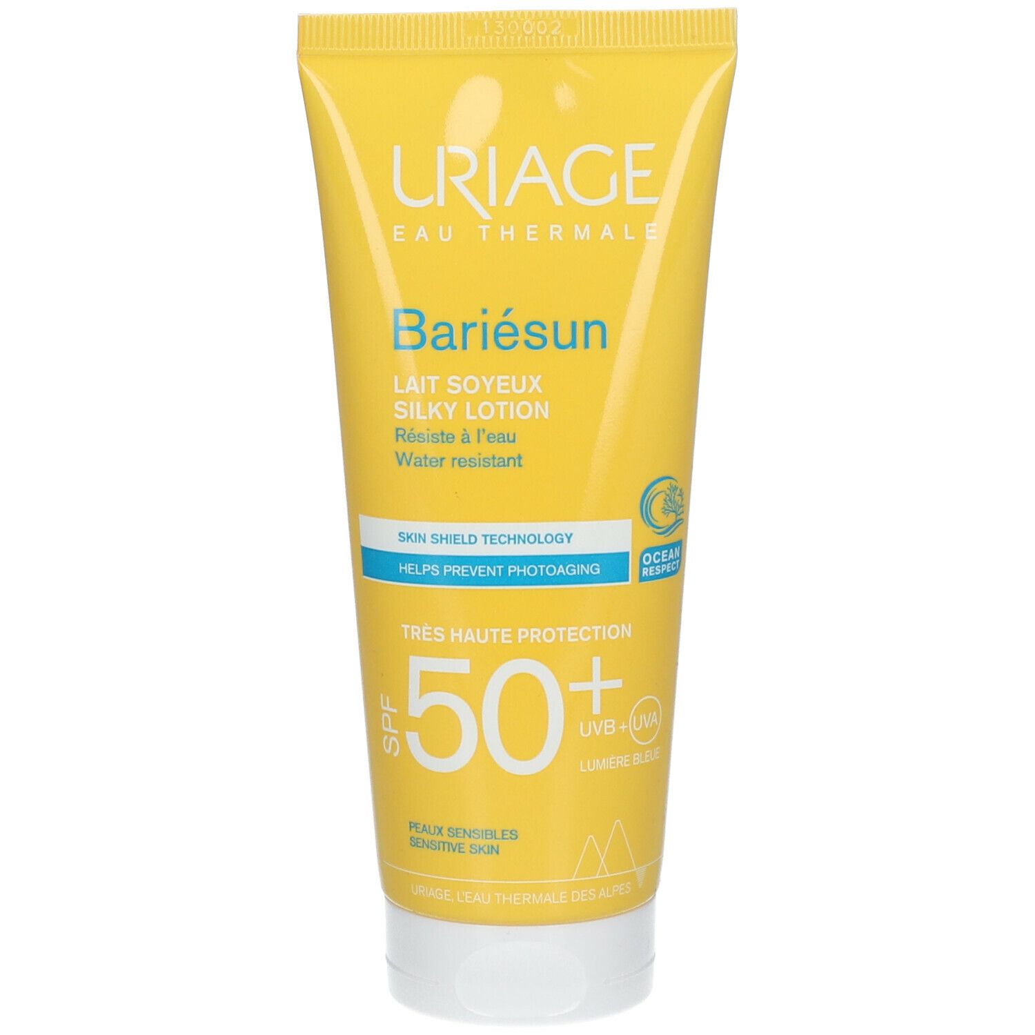 Tubo giallo "URIAGE Bariésun Lait Soyeux Silky Lotion". SPF 50+. Resistente all'acqua. Pelli sensibili.