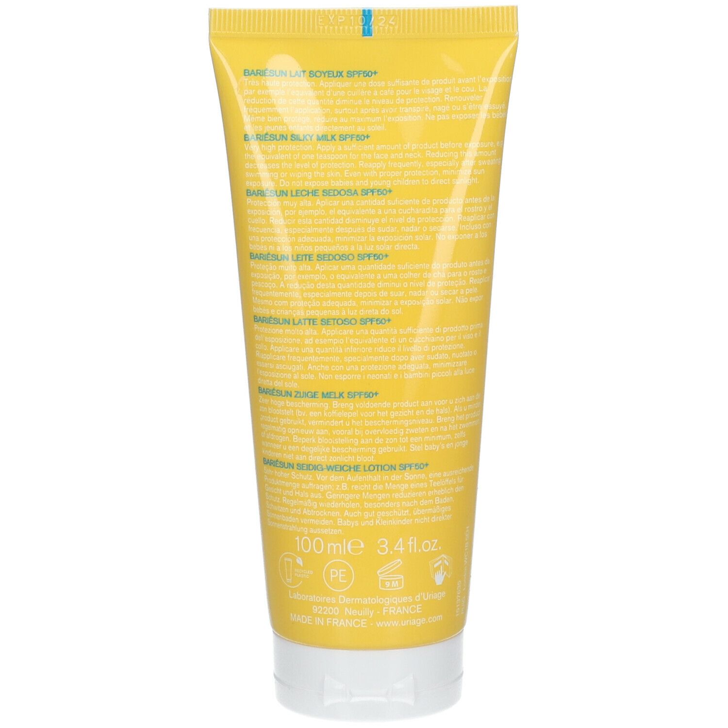 Retro del tubo giallo "URIAGE Bariésun Lait Soyeux Silky Lotion". Testo multilingue.