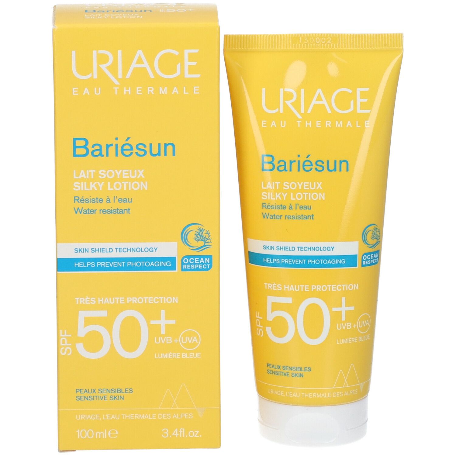 Scatola e tubo gialli "URIAGE Bariésun Lait Soyeux Silky Lotion". Protezione solare SPF 50+.