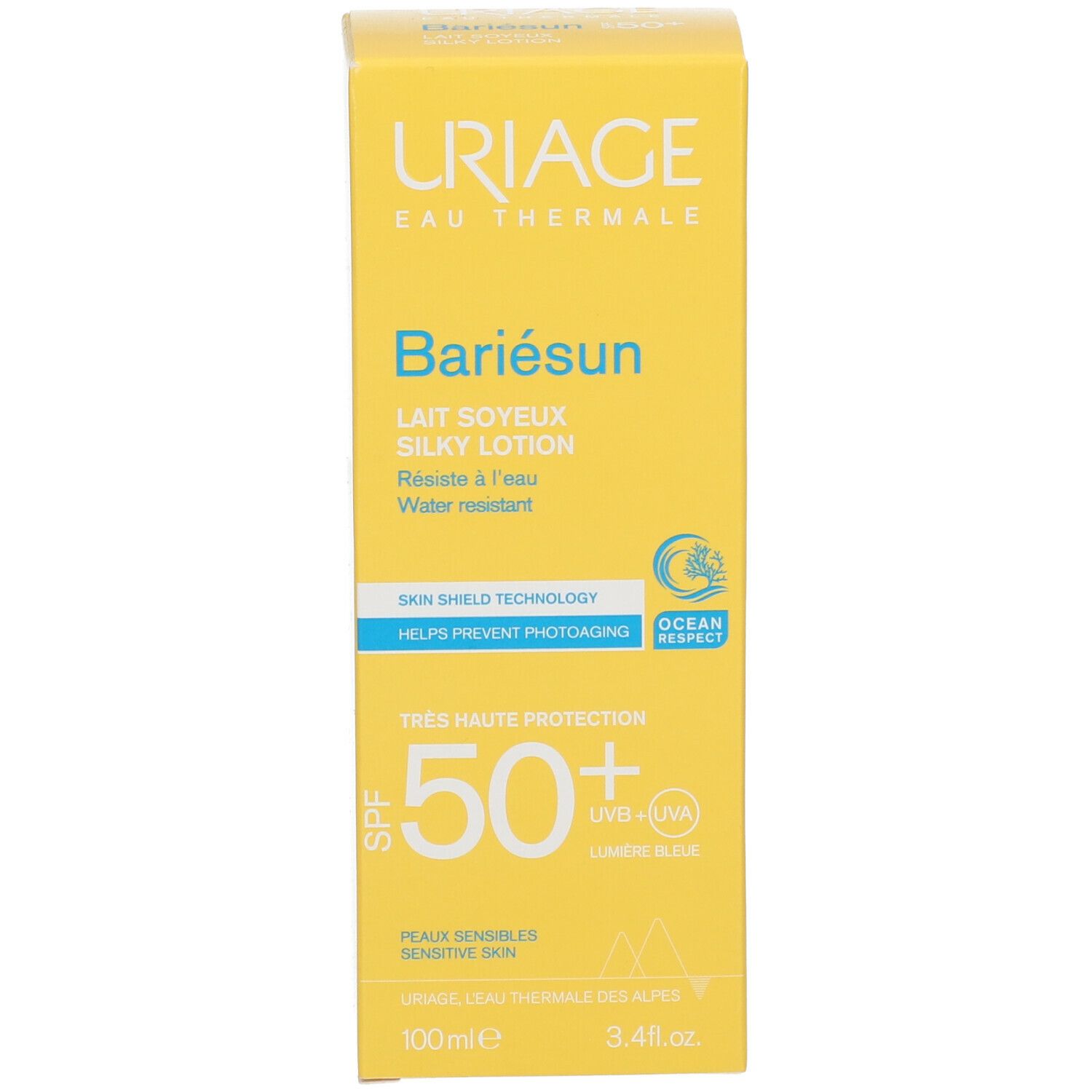 Scatola gialla "URIAGE Bariésun Lait Soyeux Silky Lotion". Protezione solare SPF 50+. Confezione.