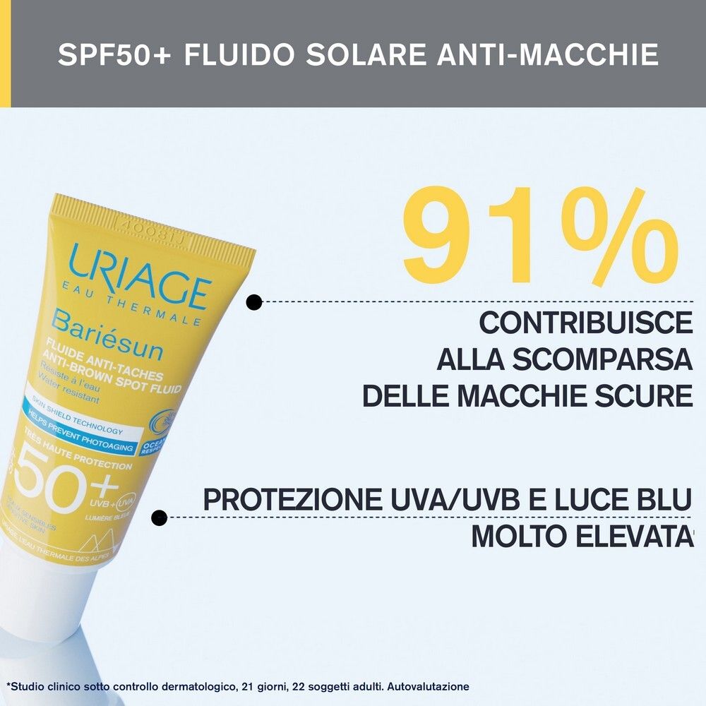 Produkt und Text. URIAGE Bariésun, Anti-Flecken-Fluid SPF50+. 91% tragen zur Reduzierung dunkler Flecken bei.