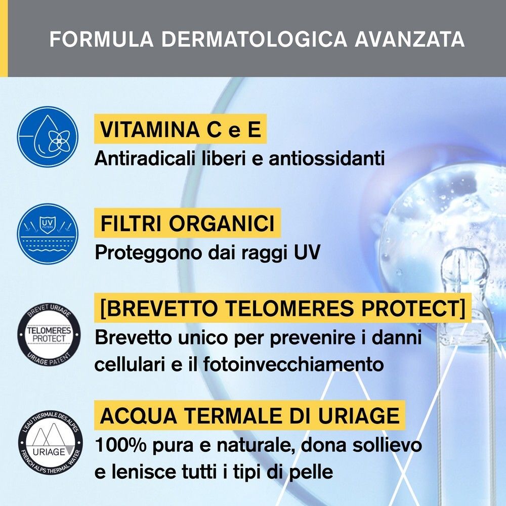 Grafik mit Produktmerkmalen. Vitamin C & E, organische Filter, Telomeres Protect, Uriage Thermalwasser.