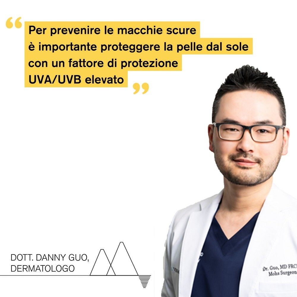 Porträt eines Dermatologen. Zitat: Sonnenschutz mit hohem UVA/UVB-Faktor ist wichtig, um dunkle Flecken zu verhindern.