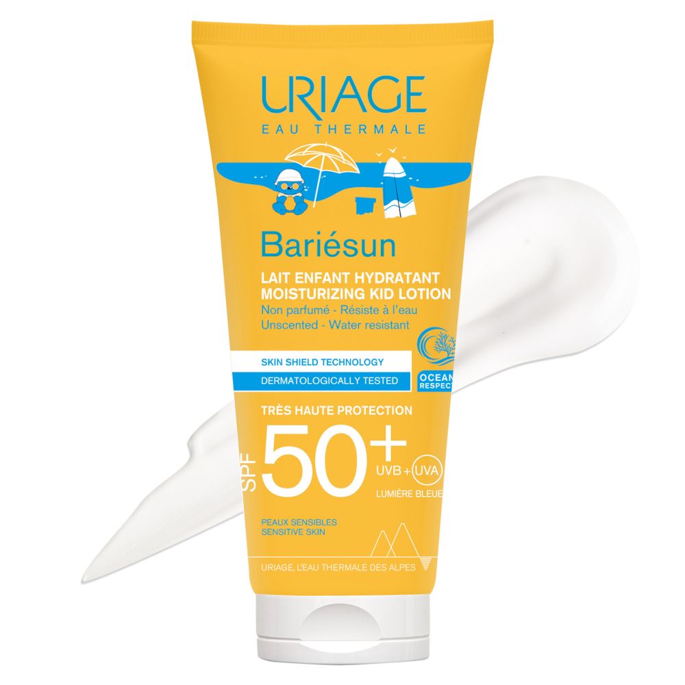 Tubo giallo URIAGE Bariésun Kid Lotion SPF50+. Testo e illustrazioni. Crema bianca accanto.