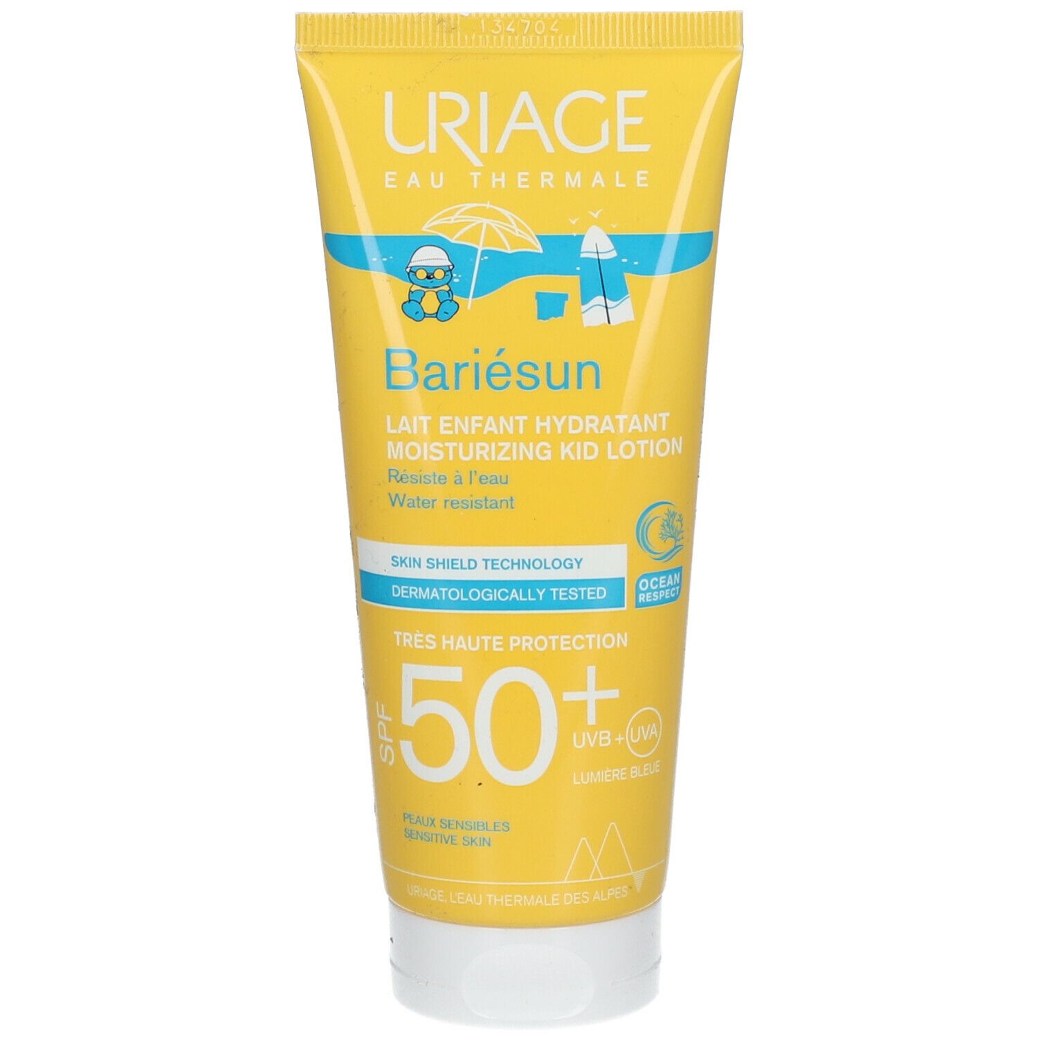 Tubo giallo URIAGE Bariésun Kid Lotion SPF50+. Vista frontale. Testo e illustrazioni.