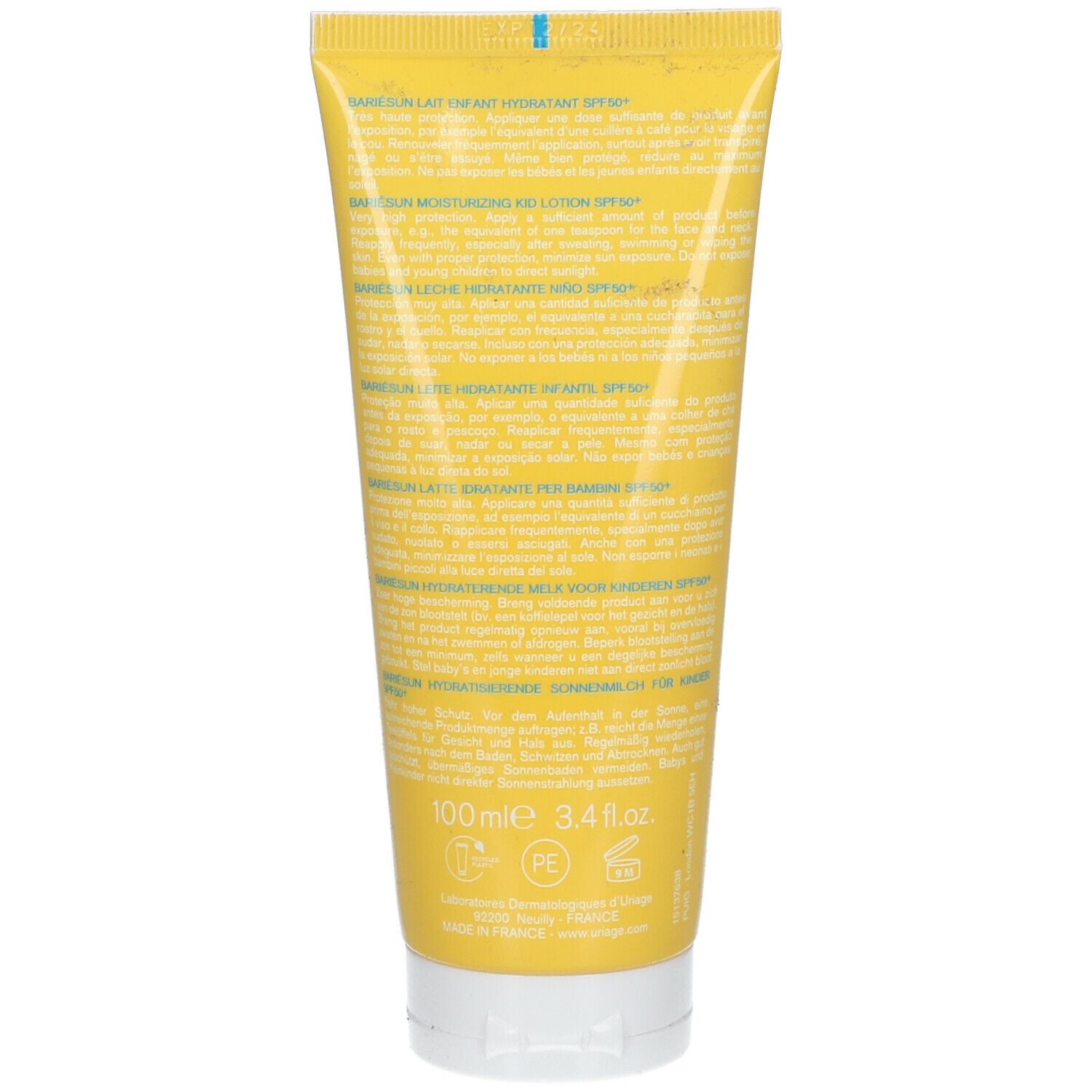Retro del tubo giallo URIAGE Bariésun Kid Lotion SPF50+. Testo in più lingue.