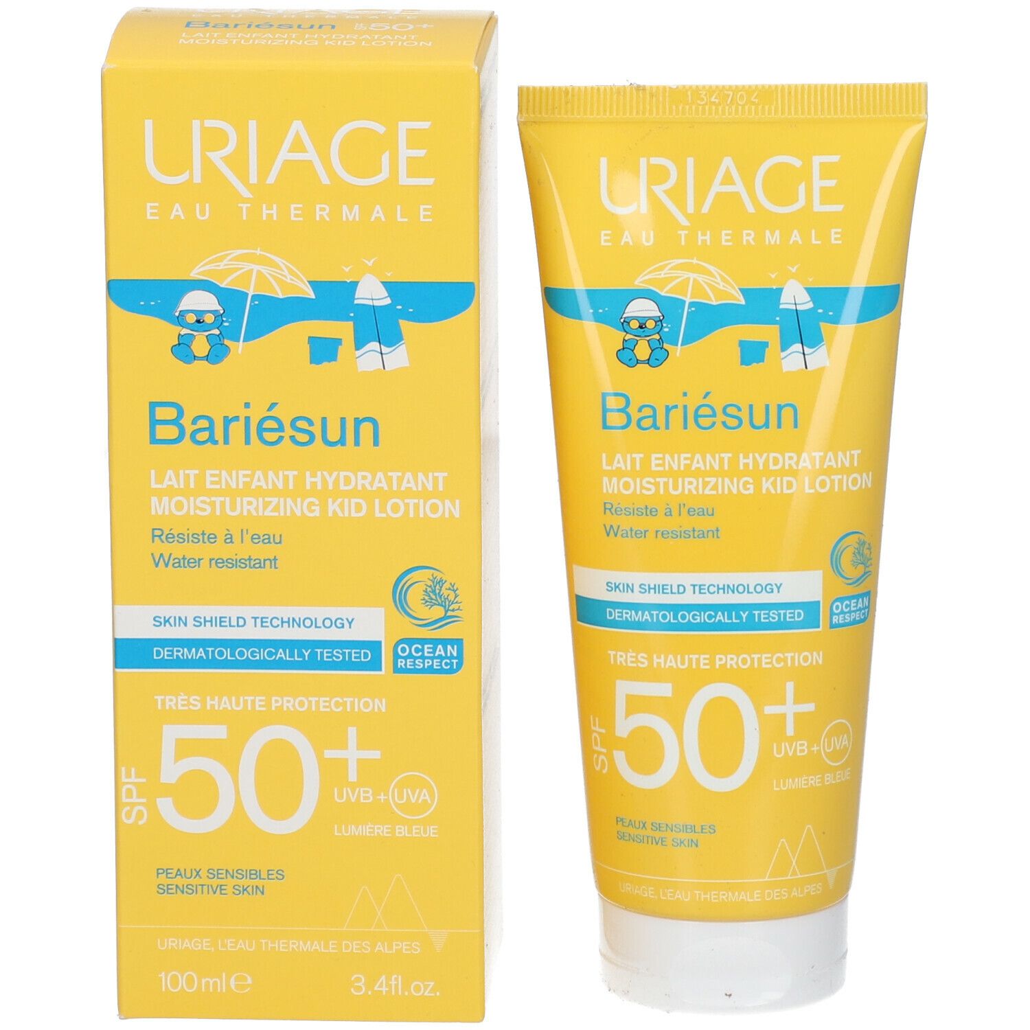 URIAGE Bariésun Kid Lotion SPF50+ e confezione. Giallo con testo e illustrazioni.