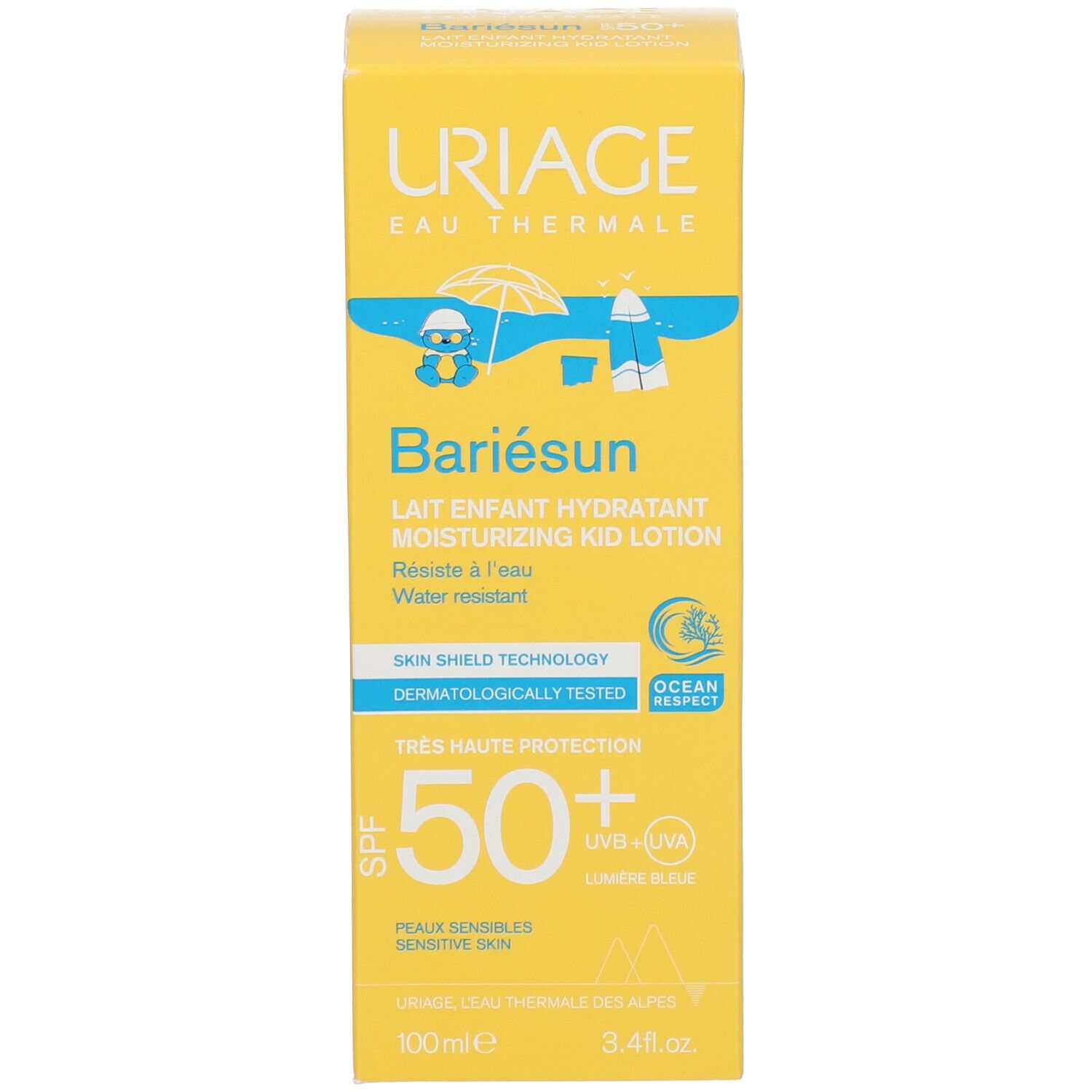 Confezione URIAGE Bariésun Kid Lotion SPF50+. Giallo con testo e illustrazioni.