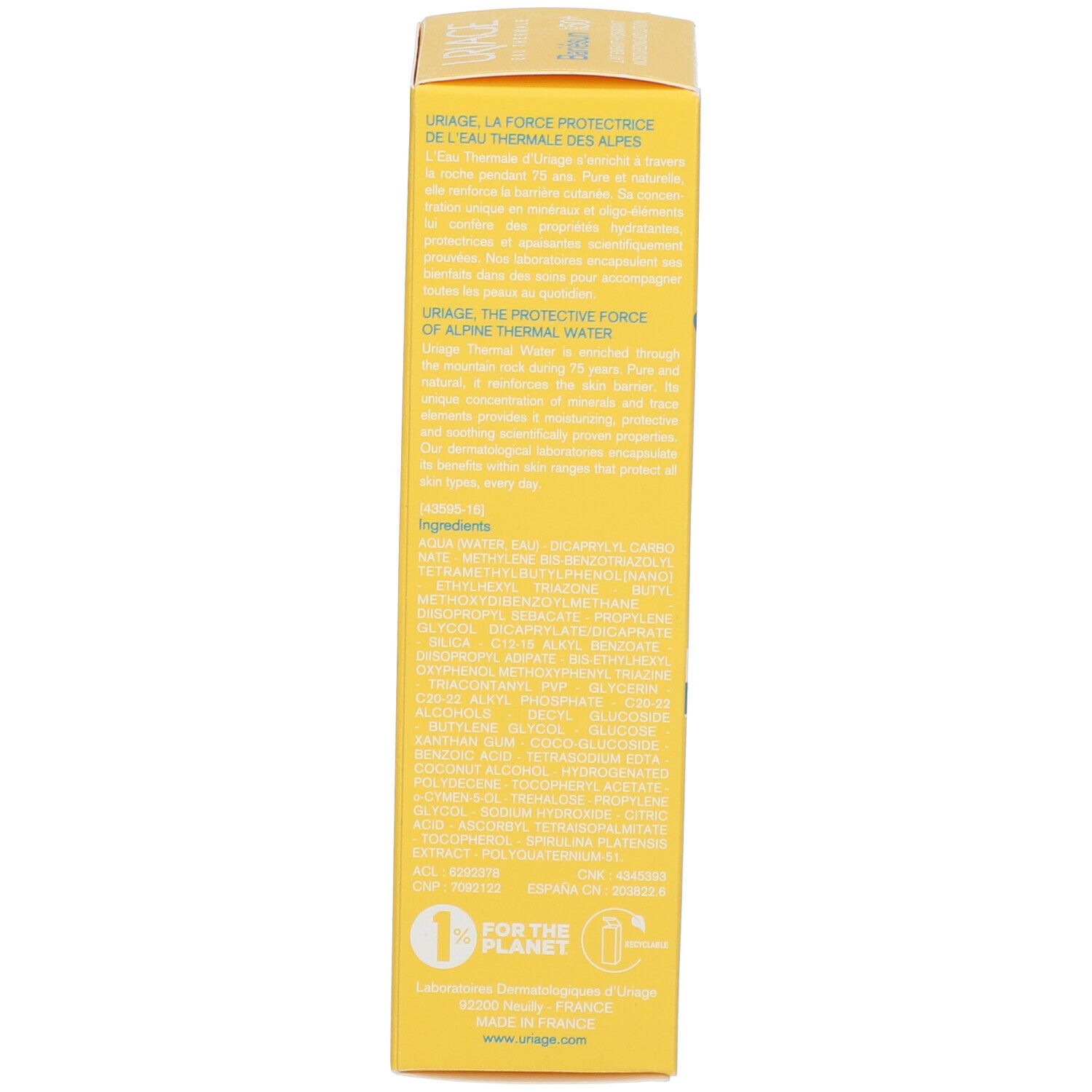 Lato della confezione URIAGE Bariésun Kid Lotion SPF50+. Testo e ingredienti.