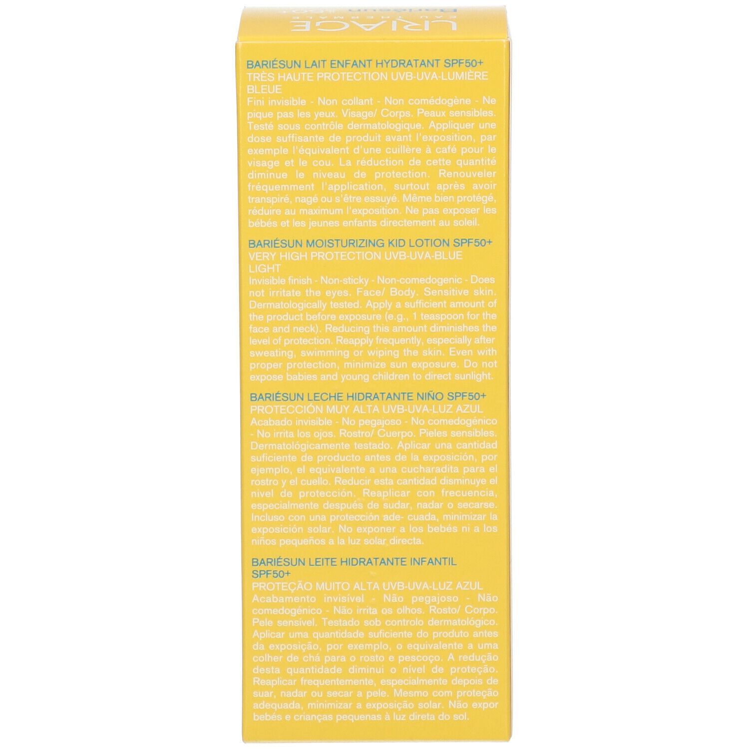Lato della confezione URIAGE Bariésun Kid Lotion SPF50+. Testo in più lingue.