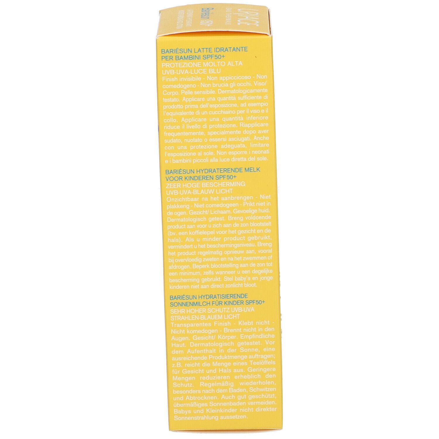 Lato della confezione URIAGE Bariésun Kid Lotion SPF50+. Testo in più lingue.