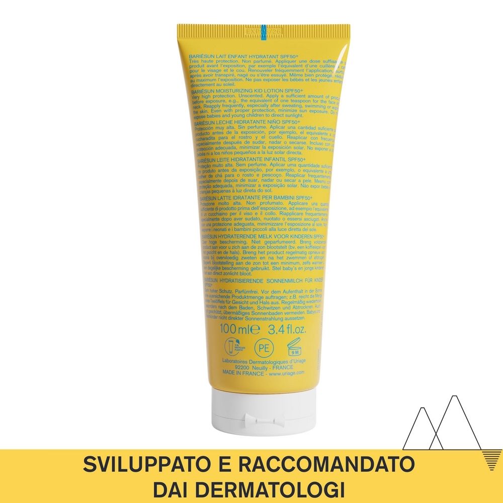 Retro del tubo giallo URIAGE Bariésun Kid Lotion SPF50+. Testo in più lingue.