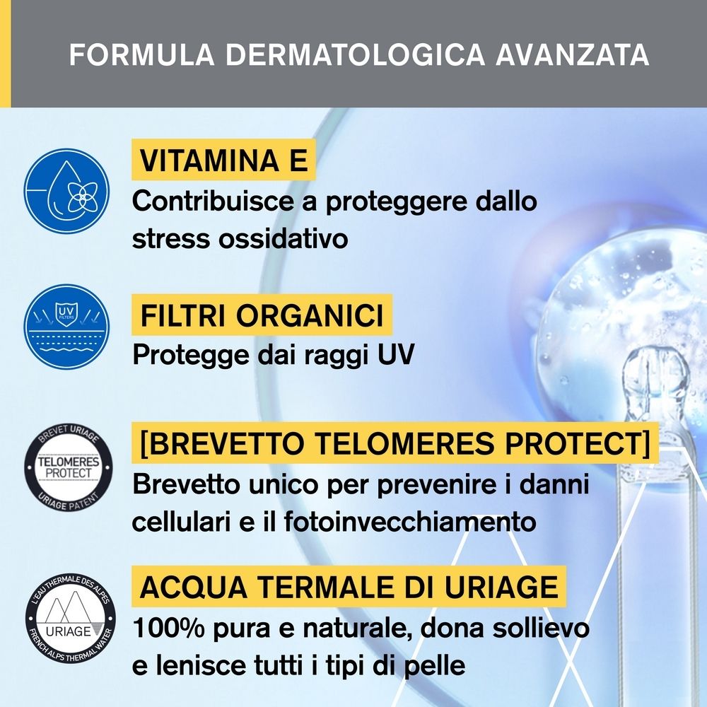 Caratteristiche del prodotto. Vitamina E, filtri organici, Telomeres Protect, Acqua Termale di Uriage.