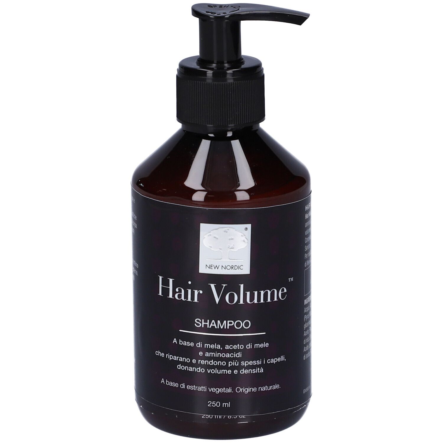Flacone marrone con dosatore nero. Scritta: Hair Volume Shampoo. 250 ml.