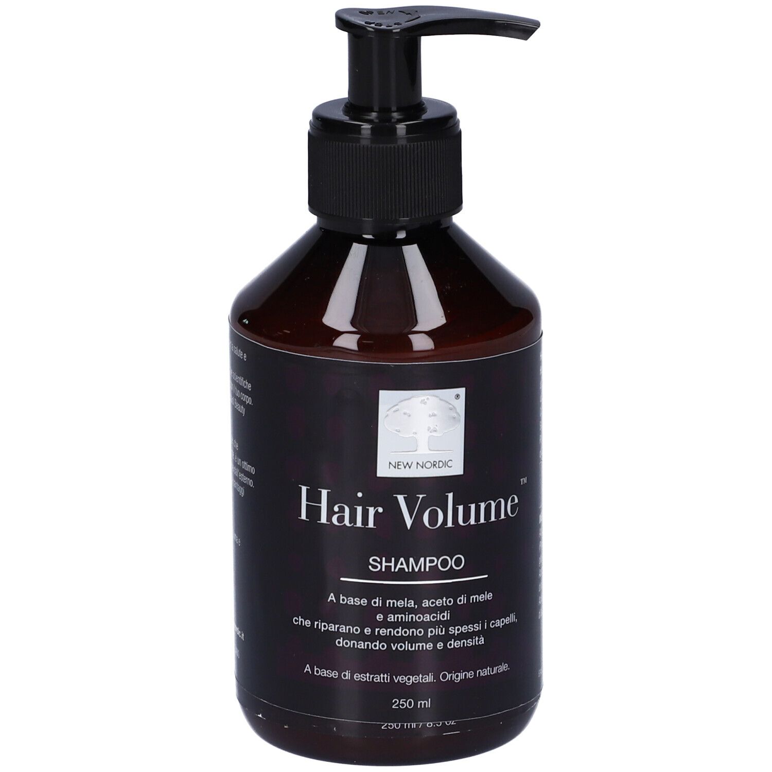 Flacone marrone con dosatore nero. Scritta: Hair Volume Shampoo. 250 ml.