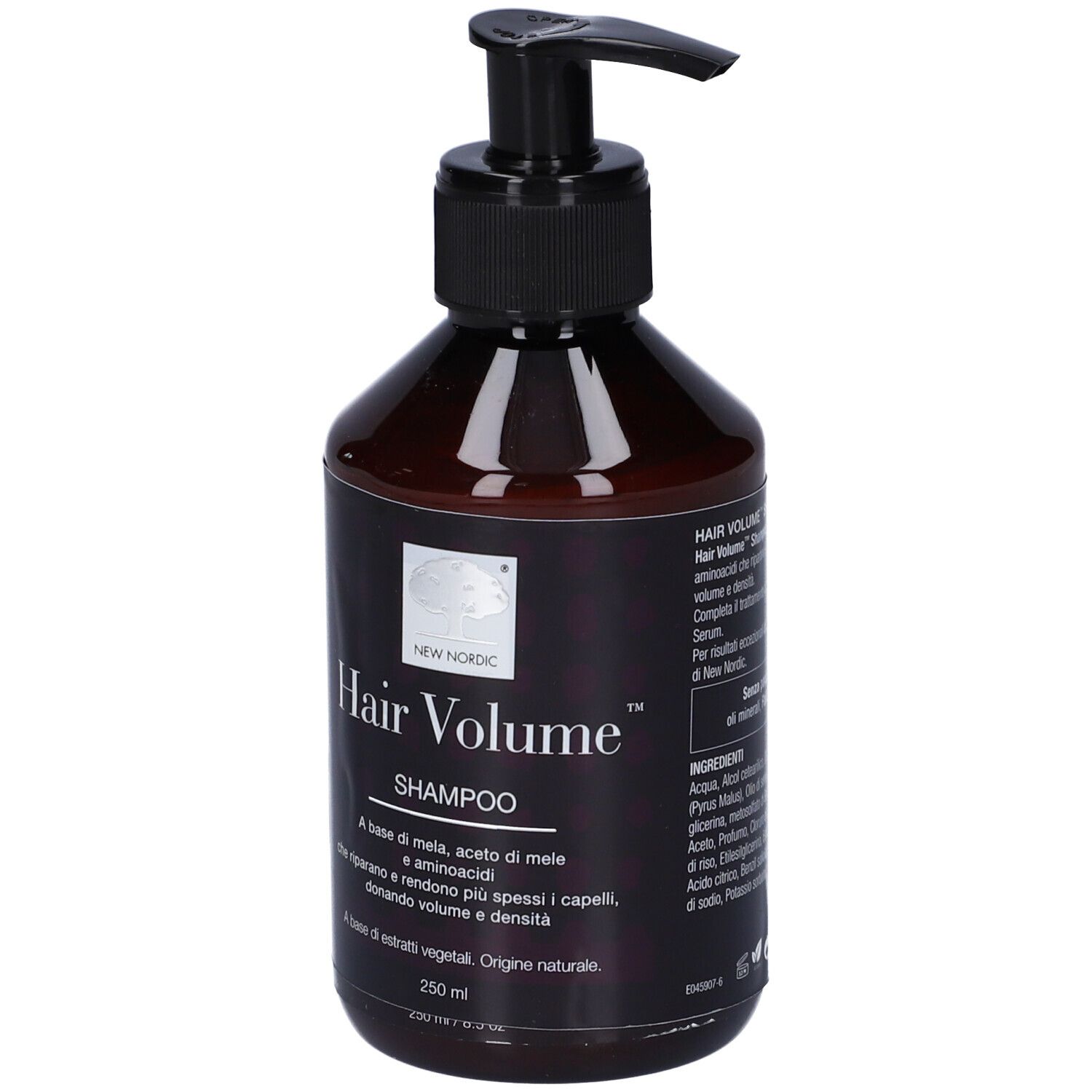Flacone marrone con dosatore nero. Scritta: Hair Volume Shampoo. 250 ml. Elenco ingredienti.