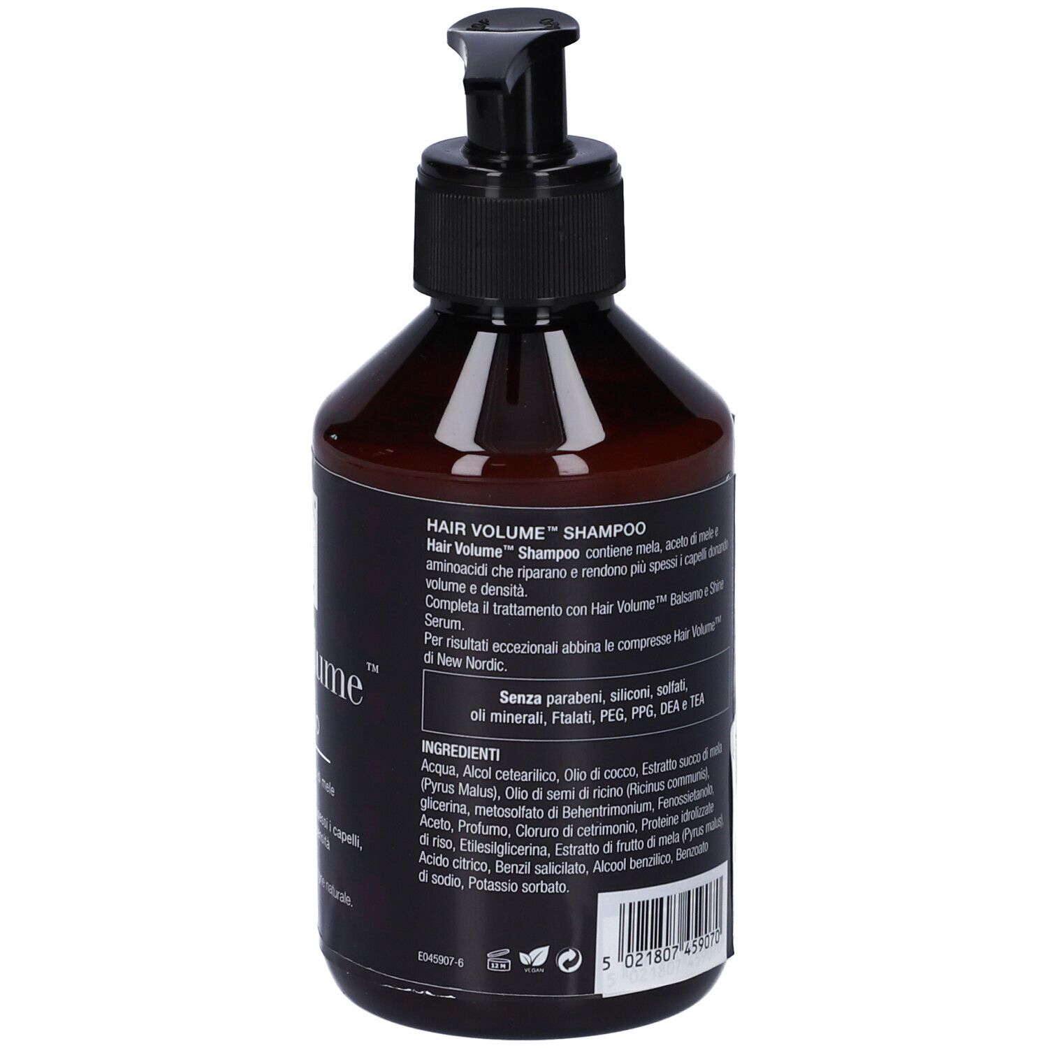 Flacone marrone con dosatore nero. Scritta: Hair Volume Shampoo. Elenco ingredienti.