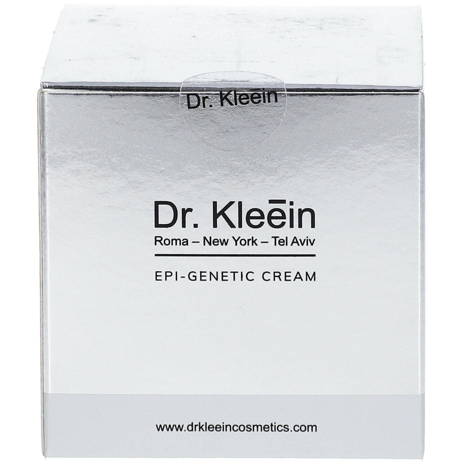Confezione del prodotto con logo e nome. Confezione argentata. 'EPI-GENETIC CREAM'.