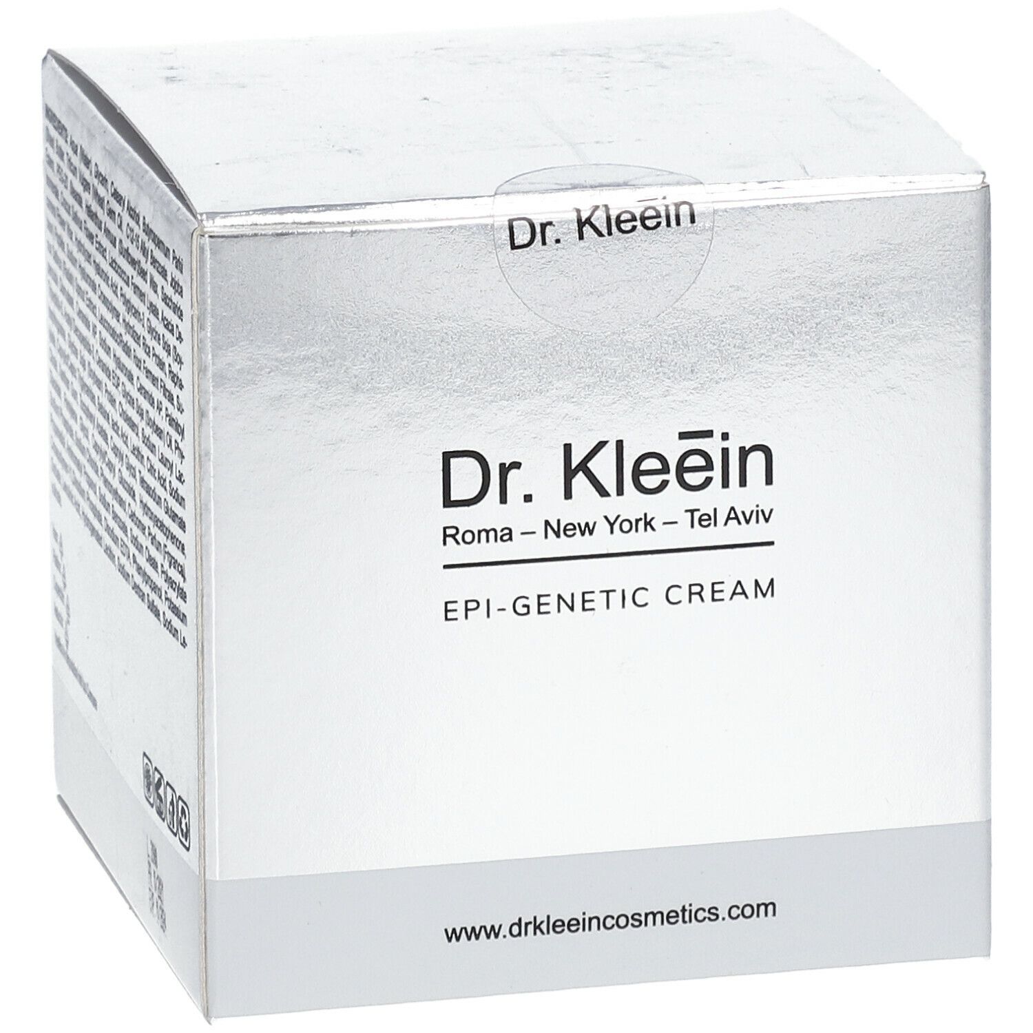 Confezione del prodotto con logo e nome. Confezione argentata. 'EPI-GENETIC CREAM'.