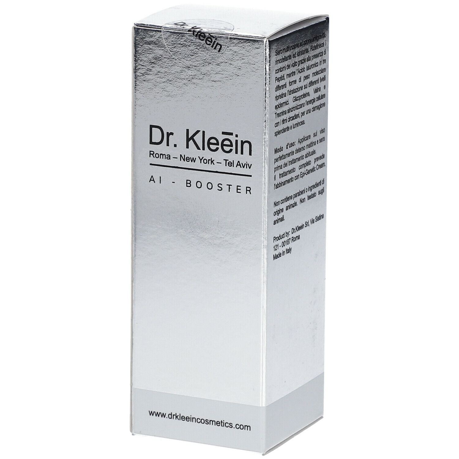Confezione argento. Scritta: Dr. Kleein AI-BOOSTER. Indicazioni: Roma, New York, Tel Aviv. Logo visibile.
