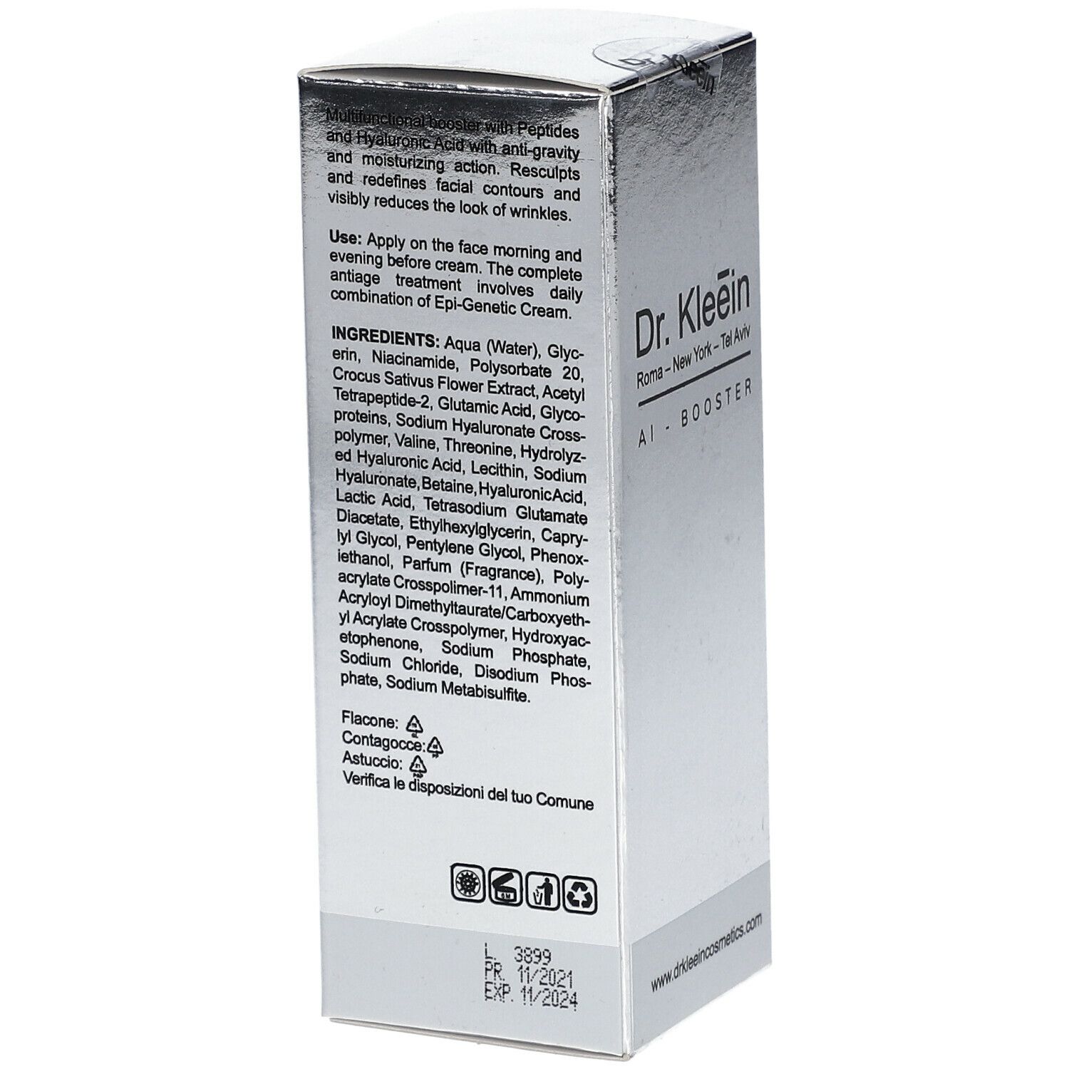 Confezione argento. Scritta: Dr. Kleein AI-BOOSTER. Stampate lista ingredienti e istruzioni per l'uso.