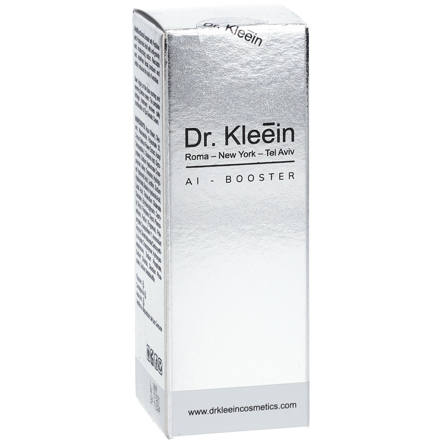 Confezione argento. Scritta: Dr. Kleein AI-BOOSTER. Testo con informazioni sul prodotto. Indicazioni di località.