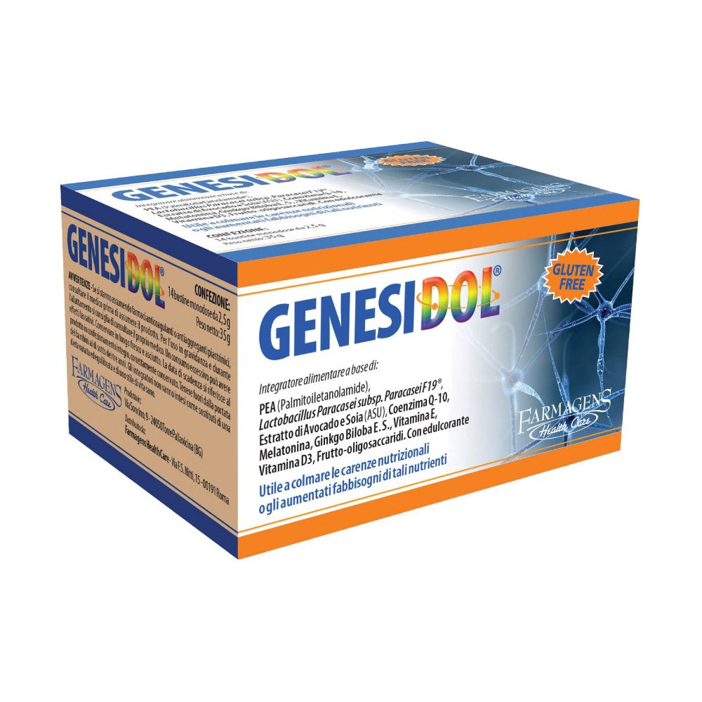 Scatola GENESIDOL. Design arancione e blu. Senza glutine. Contiene 14 bustine monodose.