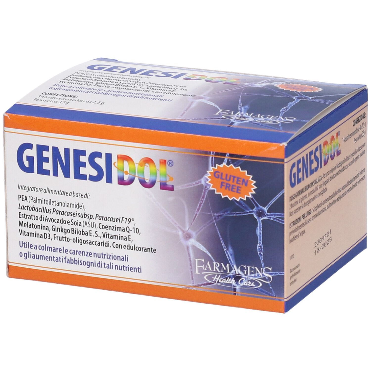 Scatola GENESIDOL. Design arancione e blu. Senza glutine. Ingredienti e informazioni produttore.