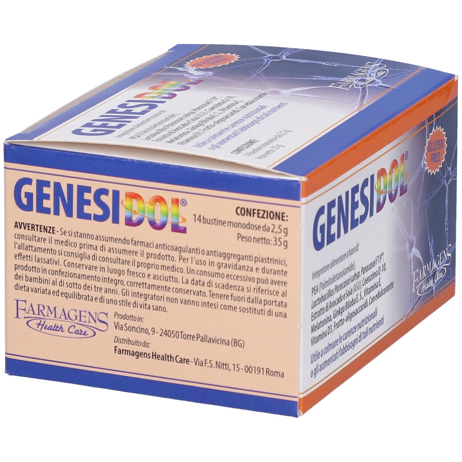 Scatola GENESIDOL. Design arancione e blu. Contiene avvertenze e informazioni del produttore.