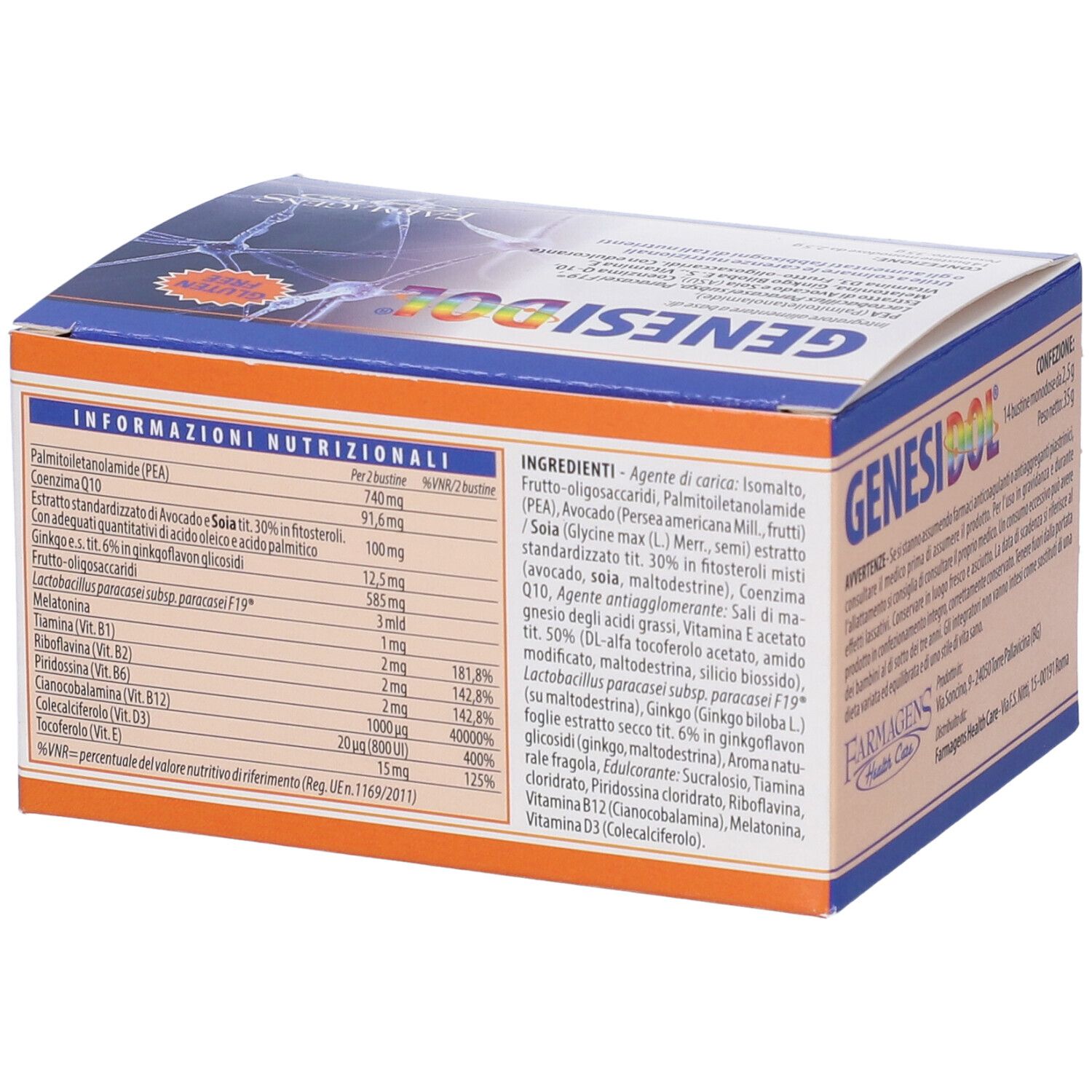 Scatola GENESIDOL. Design arancione e blu. Contiene informazioni nutrizionali e ingredienti.