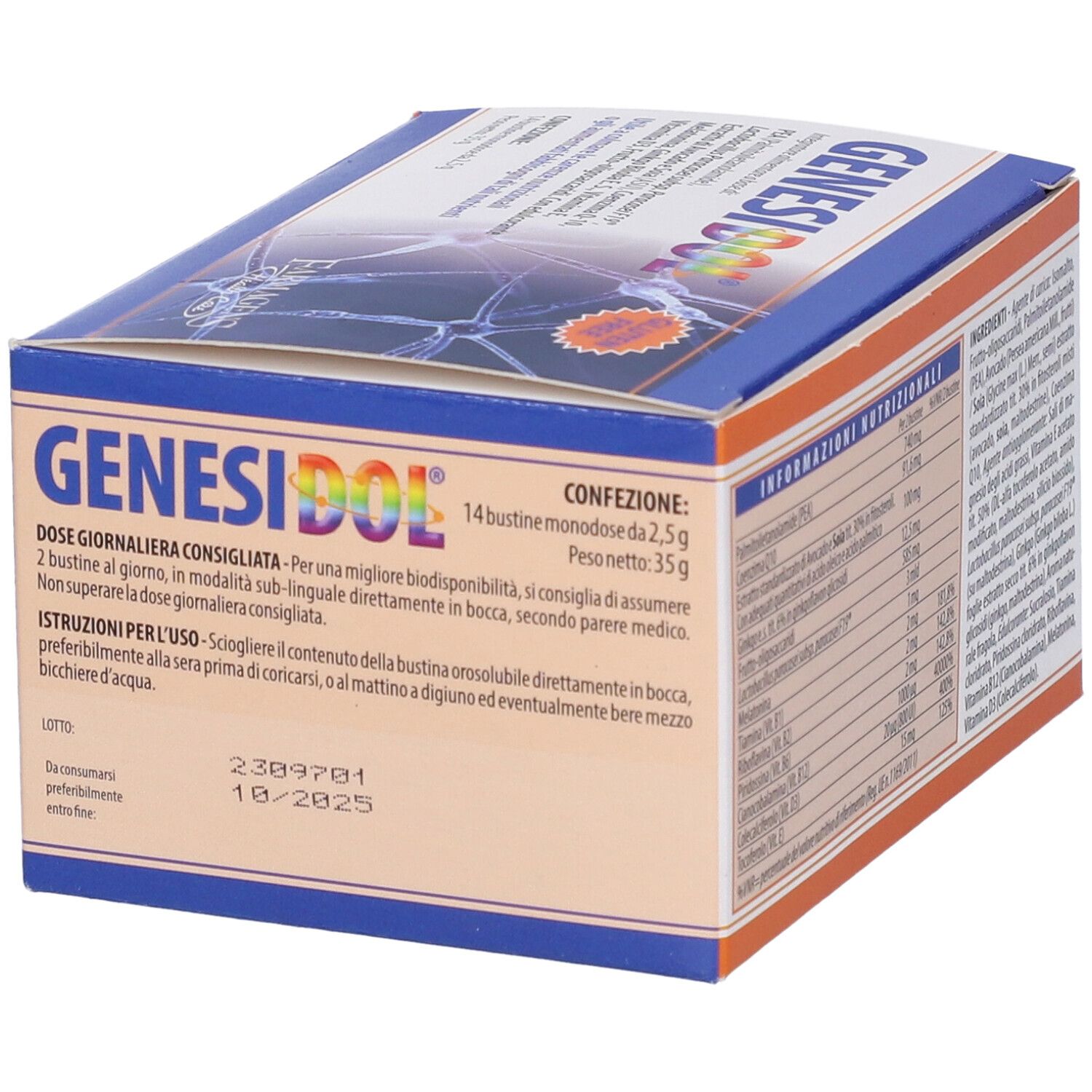 Scatola GENESIDOL. Design arancione e blu. Contiene istruzioni per il dosaggio e la data di scadenza.
