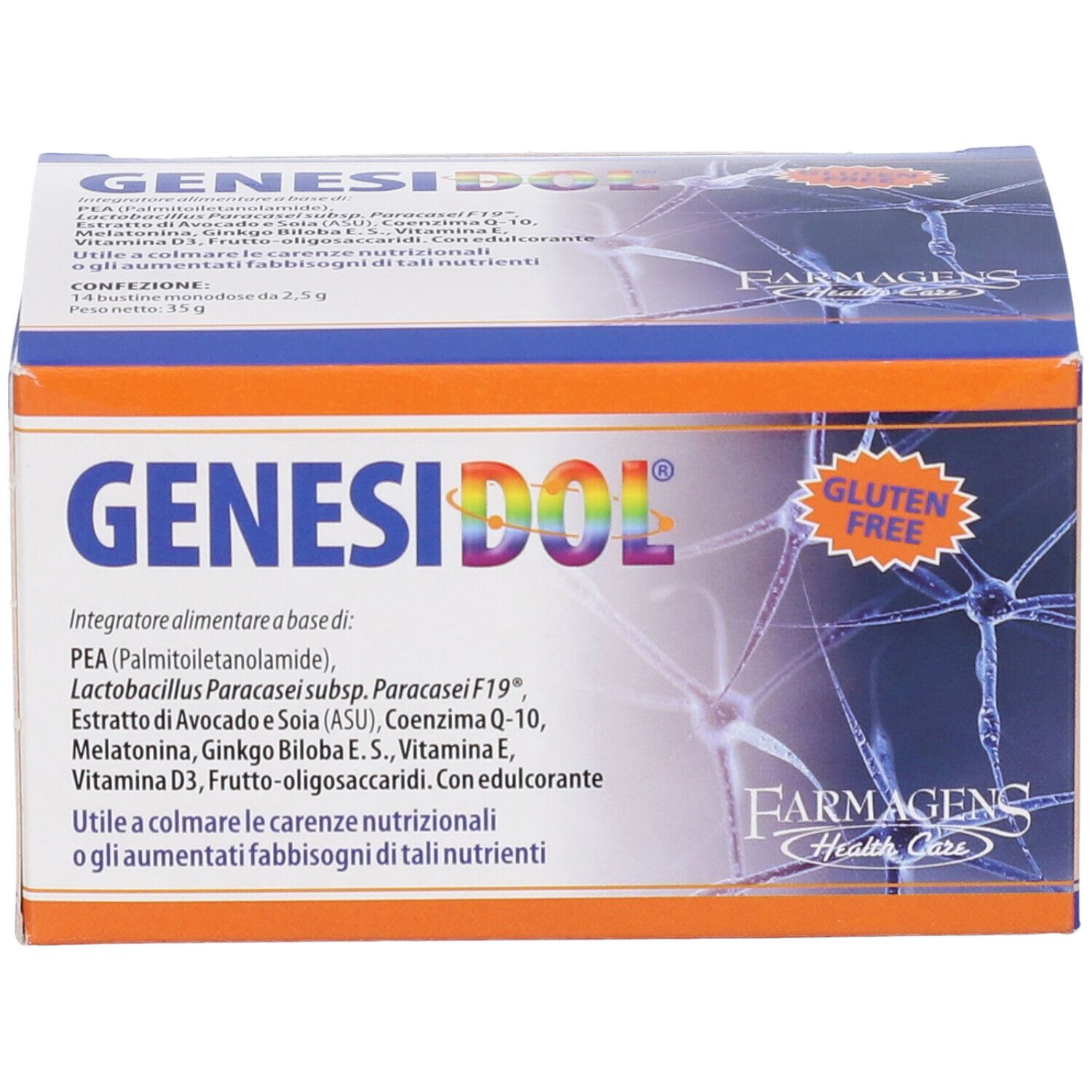 Scatola GENESIDOL. Design arancione e blu. Senza glutine. Ingredienti e informazioni produttore.