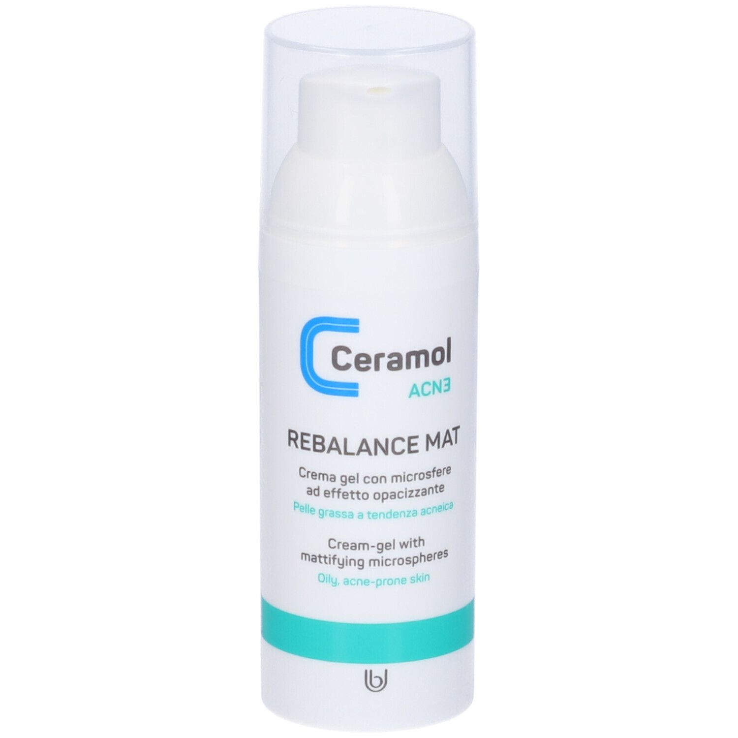 Flacone bianco con tappo trasparente. Scritta: Ceramol ACN3 Rebalance Mat. Crema-gel per pelli grasse a tendenza acneica.