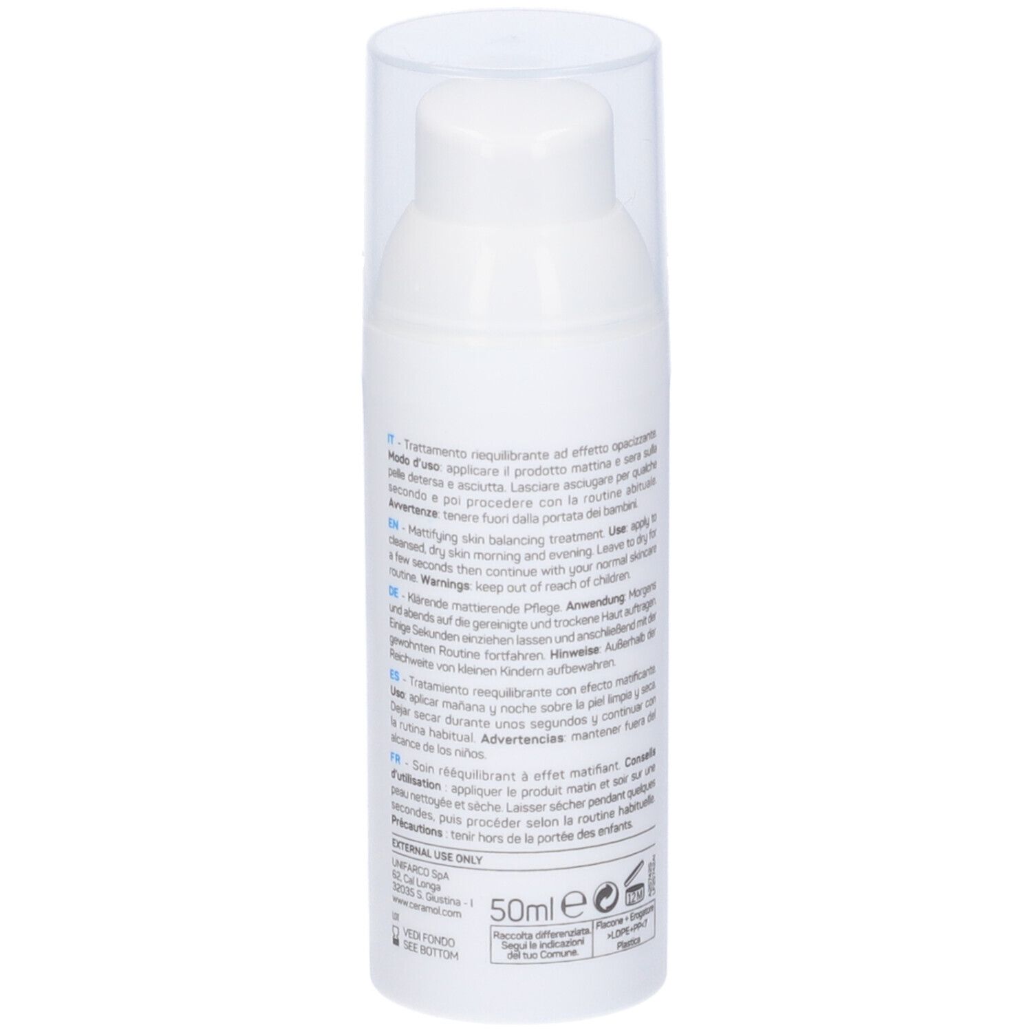 Flacone bianco con tappo trasparente. Testo sul lato. Scritta: Ceramol ACN3 Rebalance Mat. 50ml.