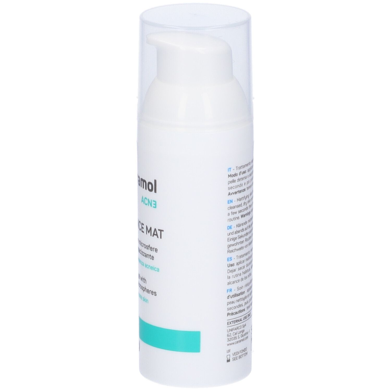 Flacone bianco con tappo trasparente. Testo sul lato. Scritta: Ceramol ACN3 Rebalance Mat. Crema-gel per pelli grasse a tendenza acneica.