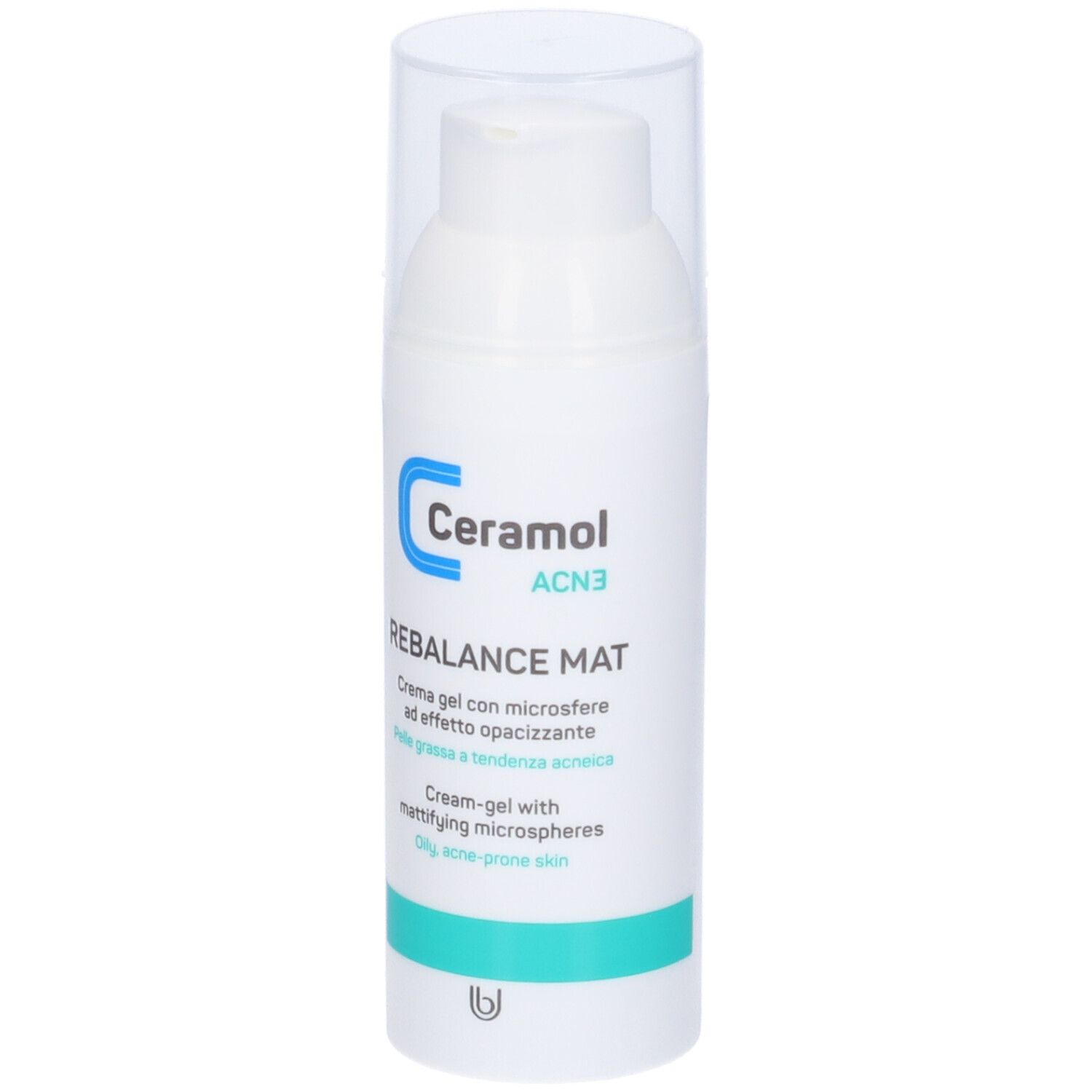 Flacone bianco con tappo trasparente. Scritta: Ceramol ACN3 Rebalance Mat. Crema-gel per pelli grasse a tendenza acneica.