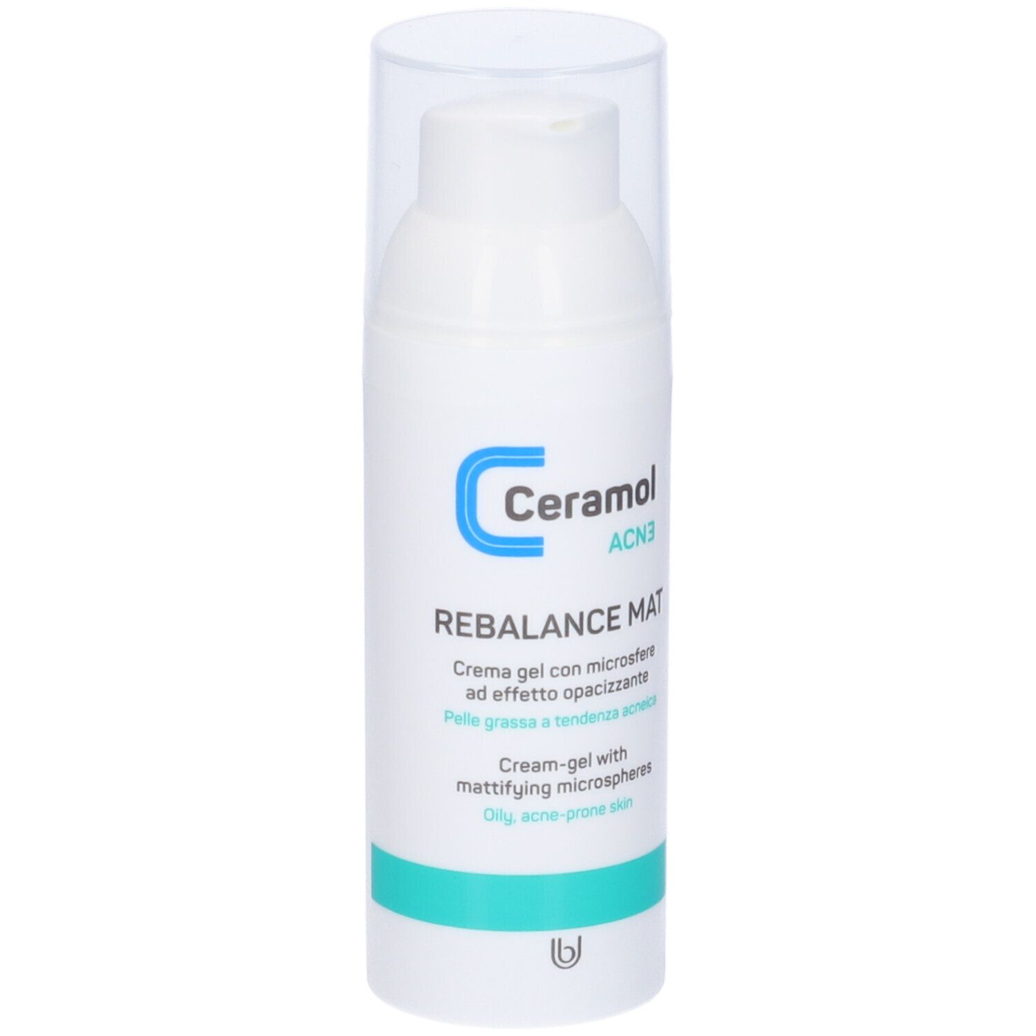 Flacone bianco con tappo trasparente. Scritta: Ceramol ACN3 Rebalance Mat. Crema-gel per pelli grasse a tendenza acneica.
