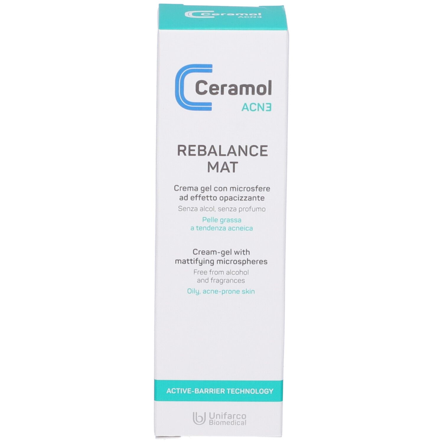 Confezione del prodotto. Scritta: Ceramol ACN3 Rebalance Mat. Crema-gel per pelli grasse a tendenza acneica. Senza alcool e profumo.