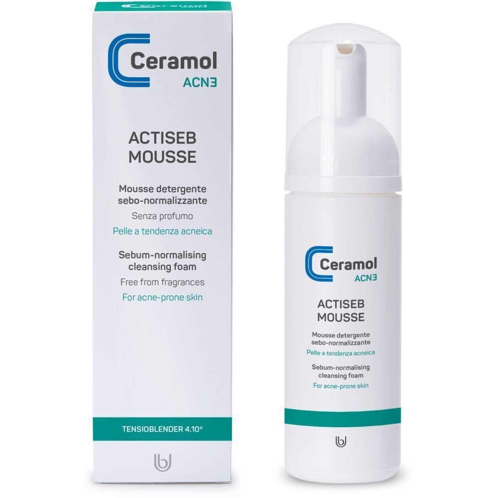 Flacone bianco con dispenser e scatola. Scritta Ceramol, Actiseb Mousse. Per pelli a tendenza acneica.