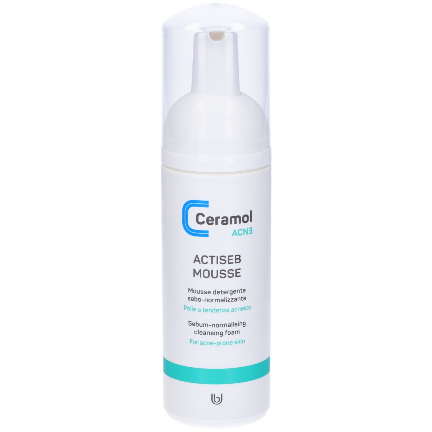 Flacone bianco con dispenser. Scritta Ceramol, Actiseb Mousse. Per pelli a tendenza acneica.
