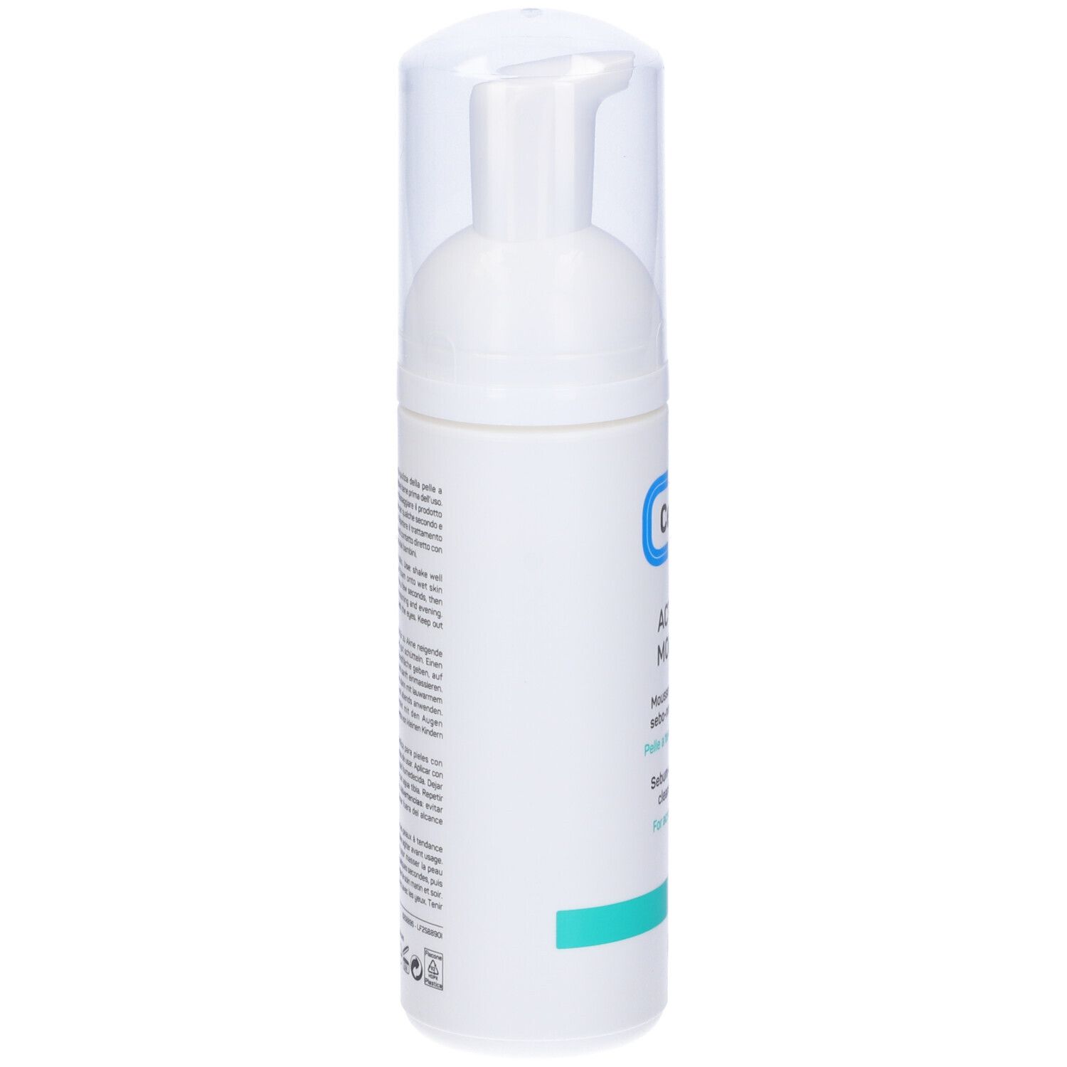 Flacone bianco con dispenser. Scritta Ceramol, Actiseb Mousse. Per pelli a tendenza acneica.