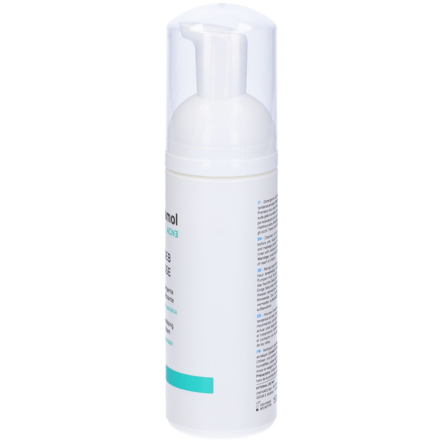 Flacone bianco con dispenser. Scritta Ceramol, Actiseb Mousse. Per pelli a tendenza acneica.